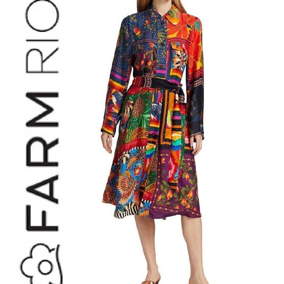 FARM Rio Dresses & Skirts - Farm Rio Mixed Scarves Shirtdress Long Sleeve Midi Dress Size Small